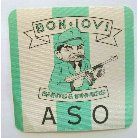 Bon Jovi Backstage Pass Gangster With Gun Original 1989 Rock Concert ASO Aqua - Picture 1 of 3